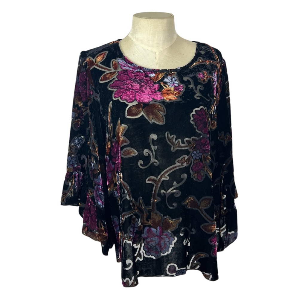 W5 Burnout Velvet Floral Blouse‎ Black Magenta Bell Sleeve Top Size Large